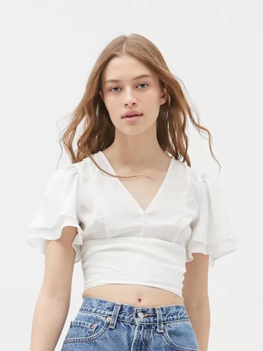 Urban Outfitters Webster Jacquard Flutter Sleeve Top White Small
